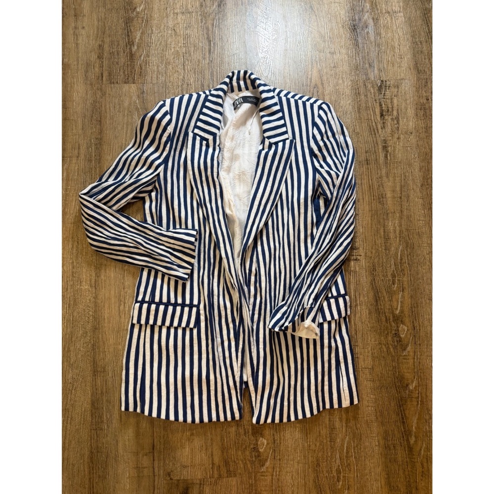 Zara Striped Blazer Navy Blue White Seersucker Jacket Small 7560/825
